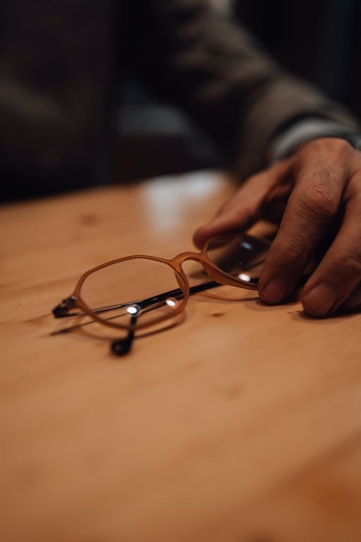 Homme anonyme en train de toucher les bords de lunettes posées sur une table en bois vide, assis dans une pièce lumineuse sur un fond flou.